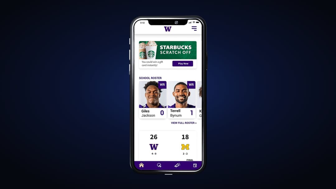 Fan-view experience open in the phone browser showing the team roster, live score, and a sponsor offer