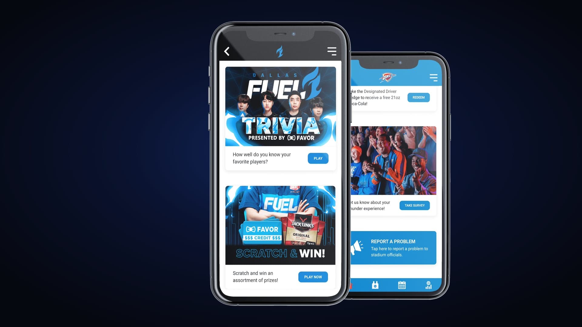 Two phones showing the fan experience: sponsored team trivia with a scratch-and-win game, and a fan survey with incident reporting